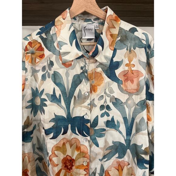 Finley Andie Button-Down Cropped Floral Blouse Large New without Tags - Picture 3 of 6